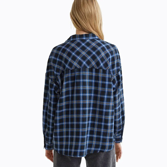 Divided Plaid Oversized Boyfriend Shirt SzXS/S Blue Black Button-Down 90s Grunge - Picture 4 of 7